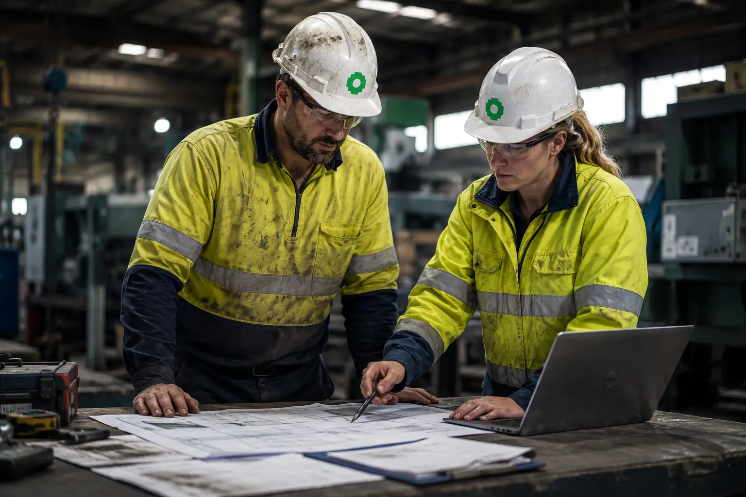 Workplace health and safety consultants reviewing compliance and risk management plans